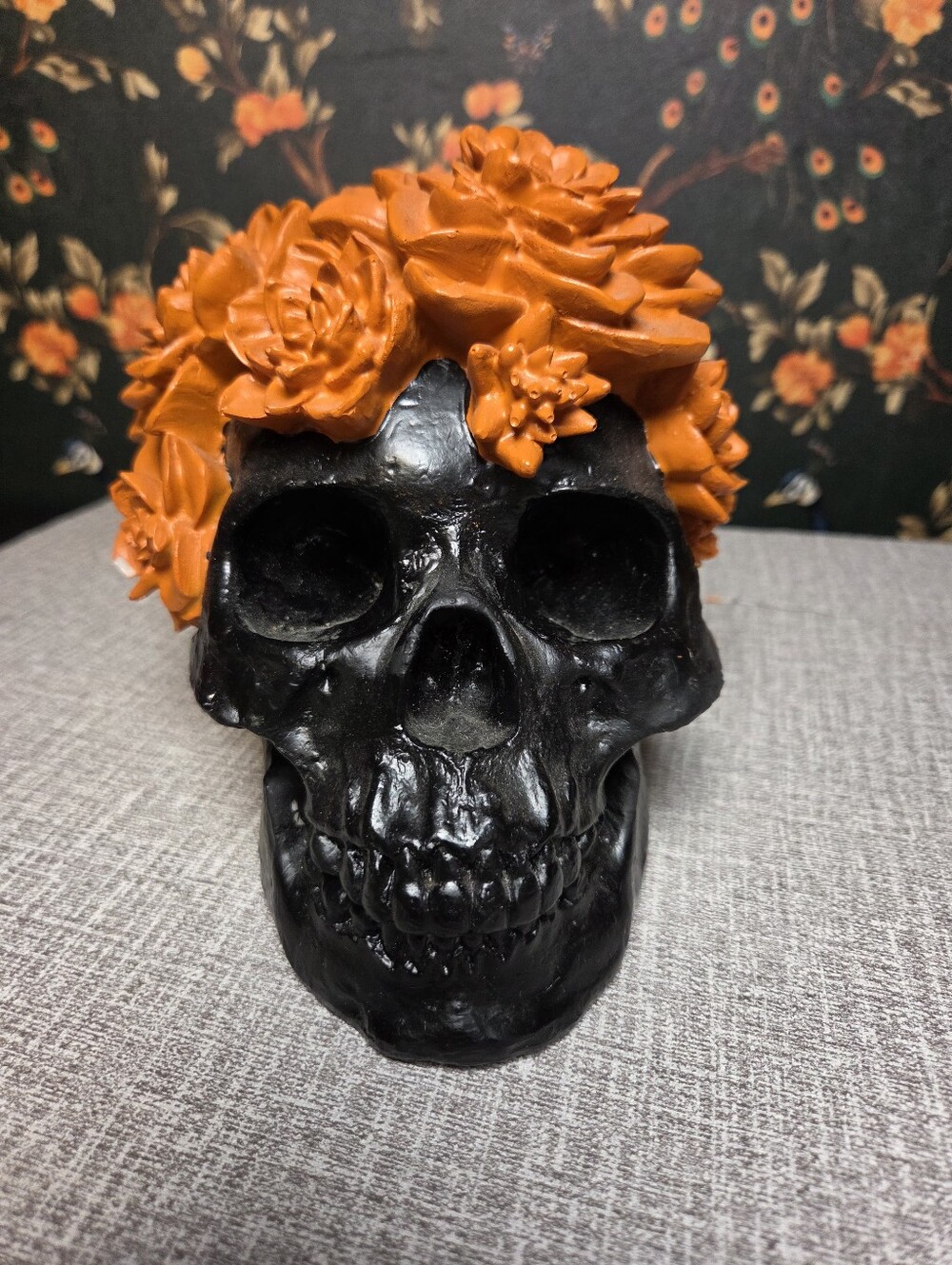 Black Resin Skull Orange Flowers Goth Halloween Decor Sculpture